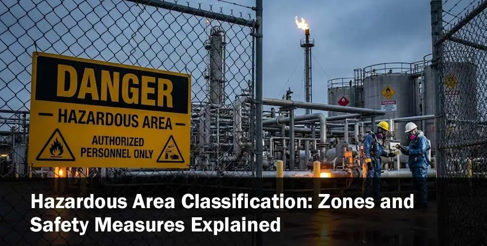 Diagram explaining hazardous area zones 0, 1, 2 and safety measures for explosive atmospheres