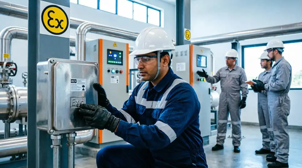 Engineer attending IECEx training while inspecting explosion-proof electrical equipment in a hazardous industrial area