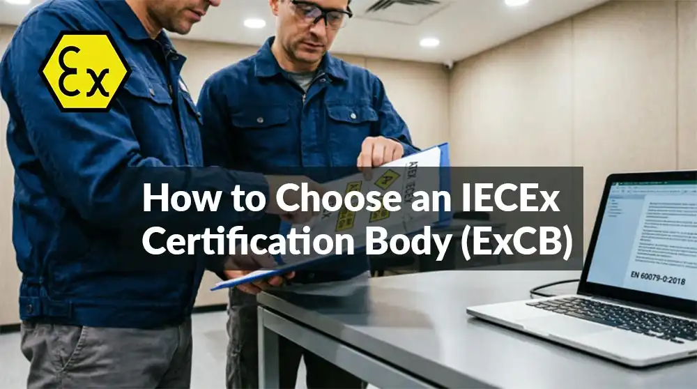Engineers evaluating documentation to choose an IECEx Certification Body for explosion-proof equipment
