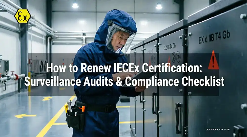 Industrial technician inspecting certified explosion-proof equipment during an IECEx surveillance audit