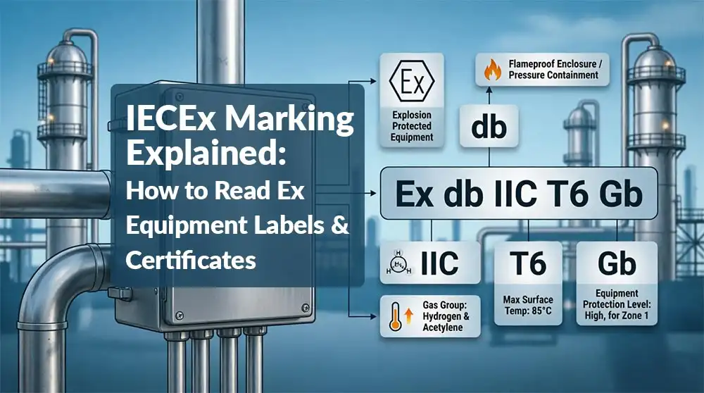 Diagram breaking down an IECEx equipment nameplate marking, showing protection concepts, gas groups, temperature classes, and EPL levels