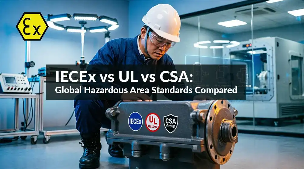 Engineering compliance officer analyzing regulatory documentation for IECEx vs UL vs CSA certifications